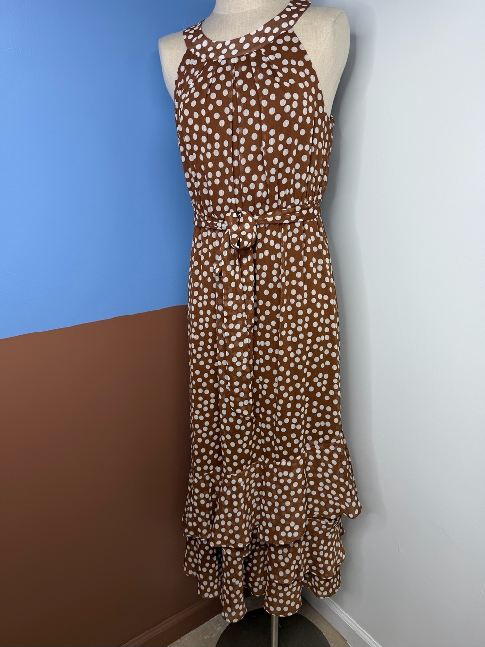 Calvin Klein Brown Cream Polkadot Chiffon Ruffle Midi Dress Pretty Woman Size 10